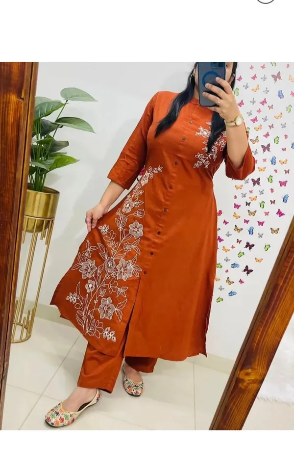 A-line_Embroidary_Work_Rust_Cotton_slub_co-ord_set