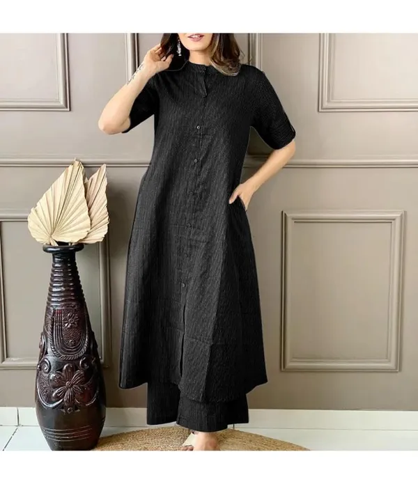 Black_Katha_Work_A-Line_Kurta_With_Half_Sleeves,_Collar_Design,_Front_Buttons_&_Palazzo_With_Elastic_Waistband_For_Women