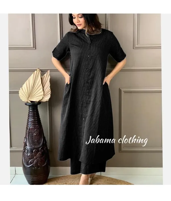 Black_Katha_Work_A-Line_Kurta_With_Half_Sleeves,_Collar_Design,_Front_Buttons_&_Palazzo_With_Elastic_Waistband_For_Women