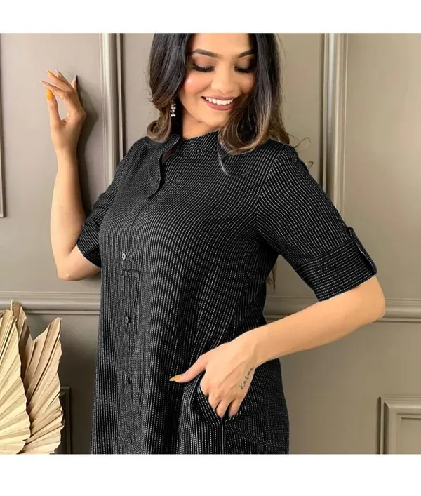 Off_White_&_Black_Katha_Work_A-Line_Kurta_With_Half_Sleeves,_Collar_Design,_Front_Buttons_&_Palazzo_With_Elastic_Waistband_For_Women