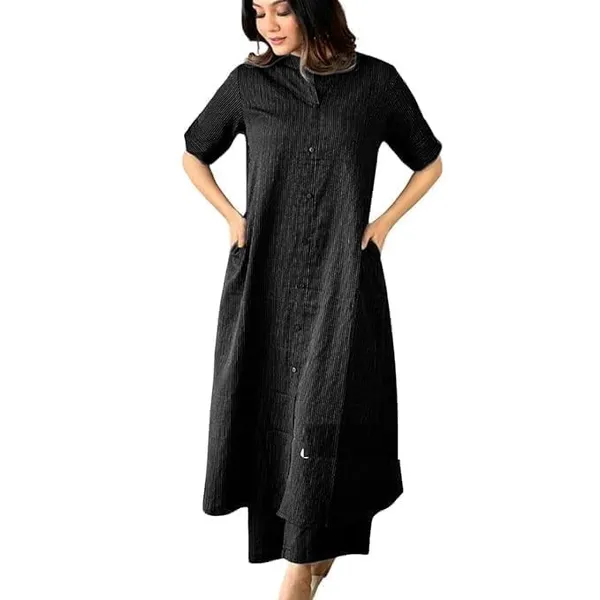 Off_White_&_Black_Katha_Work_A-Line_Kurta_With_Half_Sleeves,_Collar_Design,_Front_Buttons_&_Palazzo_With_Elastic_Waistband_For_Women