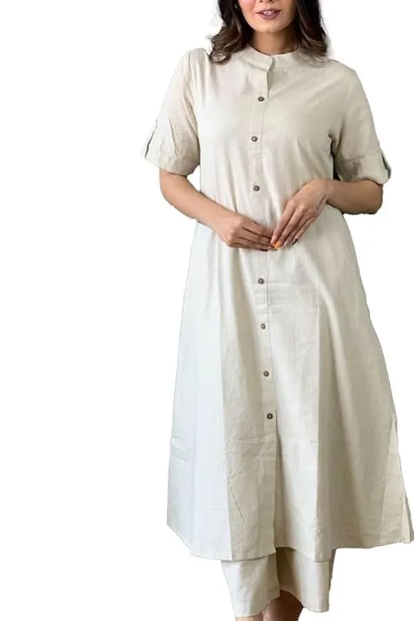Off_White_Katha_Work_A-Line_Kurta_With_Half_Sleeves,_Collar_Design,_Front_Buttons_&_Palazzo_With_Elastic_Waistband_For_Women