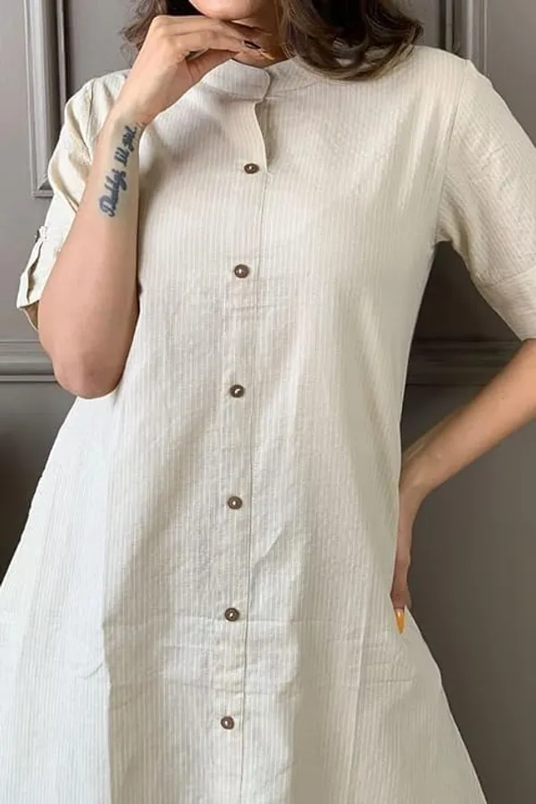 Off_White_&_Black_Katha_Work_A-Line_Kurta_With_Half_Sleeves,_Collar_Design,_Front_Buttons_&_Palazzo_With_Elastic_Waistband_For_Women
