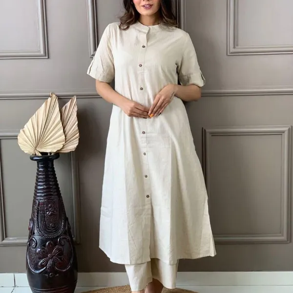 Off_White_&_Black_Katha_Work_A-Line_Kurta_With_Half_Sleeves,_Collar_Design,_Front_Buttons_&_Palazzo_With_Elastic_Waistband_For_Women