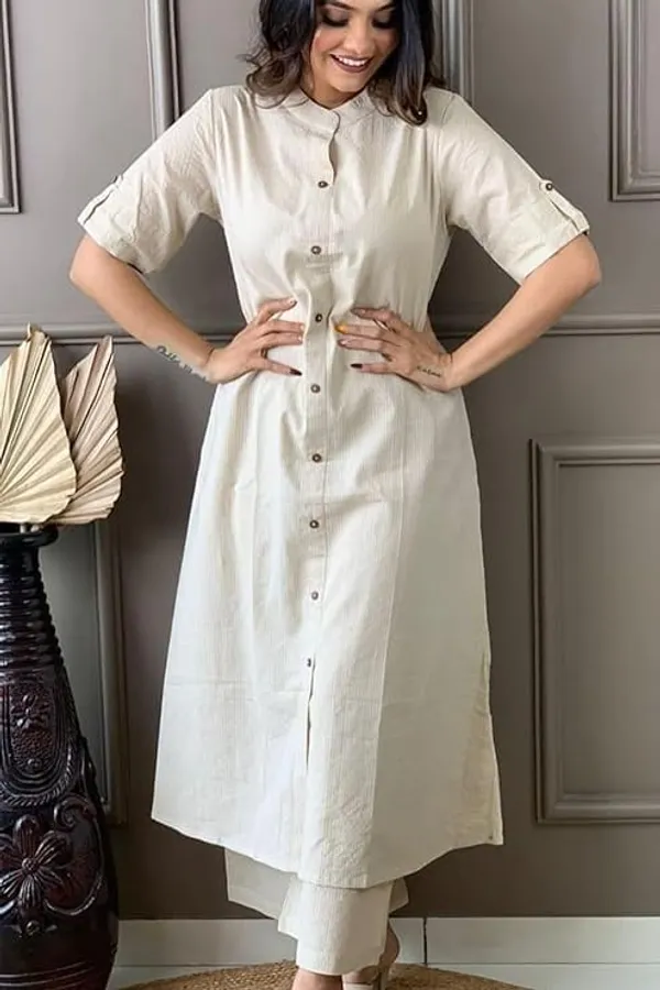 Off_White_&_Black_Katha_Work_A-Line_Kurta_With_Half_Sleeves,_Collar_Design,_Front_Buttons_&_Palazzo_With_Elastic_Waistband_For_Women