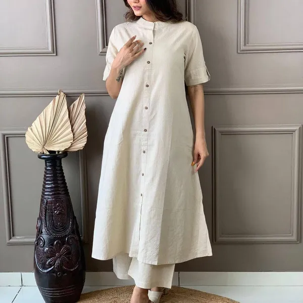 Off_White_&_Black_Katha_Work_A-Line_Kurta_With_Half_Sleeves,_Collar_Design,_Front_Buttons_&_Palazzo_With_Elastic_Waistband_For_Women