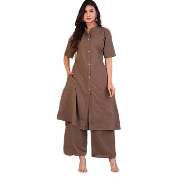 Brown_Katha_Work_A-Line_Kurta_With_Half_Sleeves,_Collar_Design,_Front_Buttons_&_Palazzo_With_Elastic_Waistband_For_Women