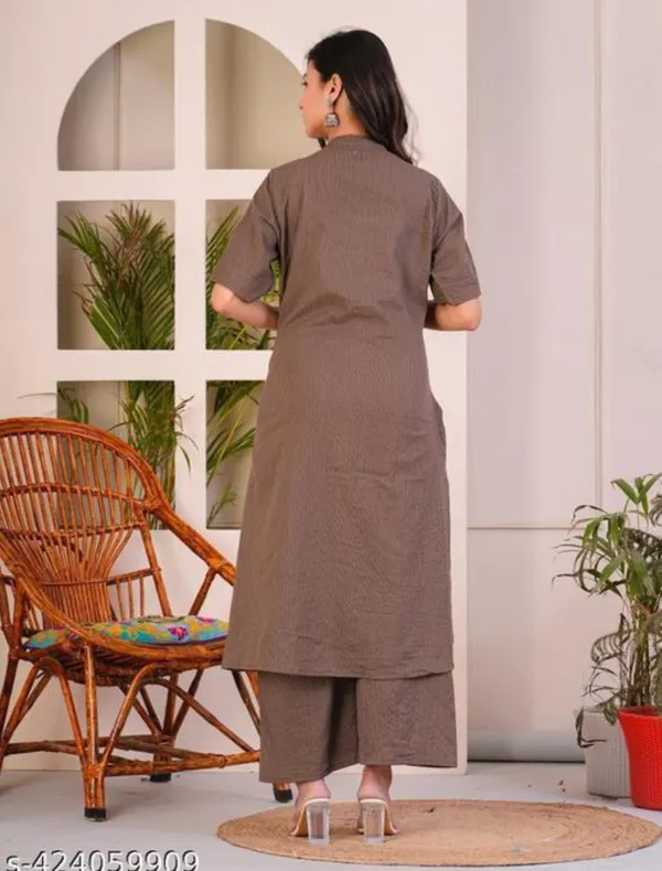 Brown_Katha_Work_A-Line_Kurta_With_Half_Sleeves,_Collar_Design,_Front_Buttons_&_Palazzo_With_Elastic_Waistband_For_Women