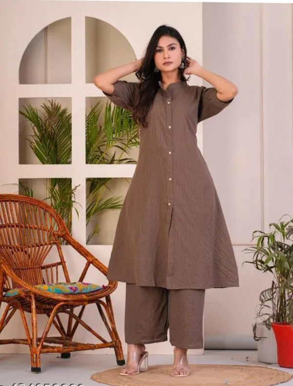 Brown_Katha_Work_A-Line_Kurta_With_Half_Sleeves,_Collar_Design,_Front_Buttons_&_Palazzo_With_Elastic_Waistband_For_Women