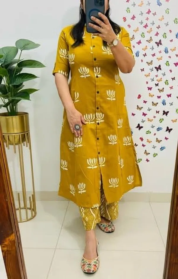 Mustard_Yellow_Cotton_Printed_A-Line_Kurti_With_Pant_Set_For_Women