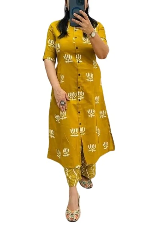Mustard_Yellow_Cotton_Printed_A-Line_Kurti_With_Pant_Set_For_Women