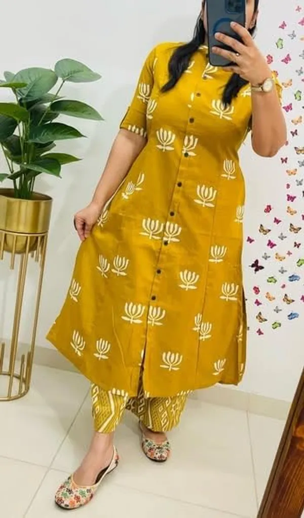 Mustard_Yellow_Cotton_Printed_A-Line_Kurti_With_Pant_Set_For_Women