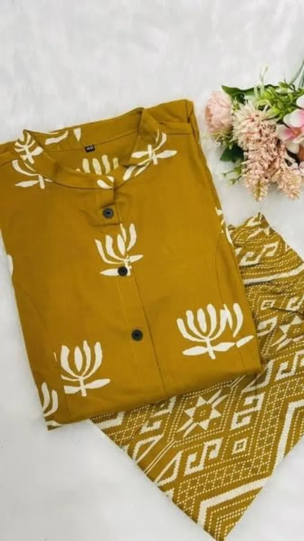 Mustard_Yellow_Cotton_Printed_A-Line_Kurti_With_Pant_Set_For_Women