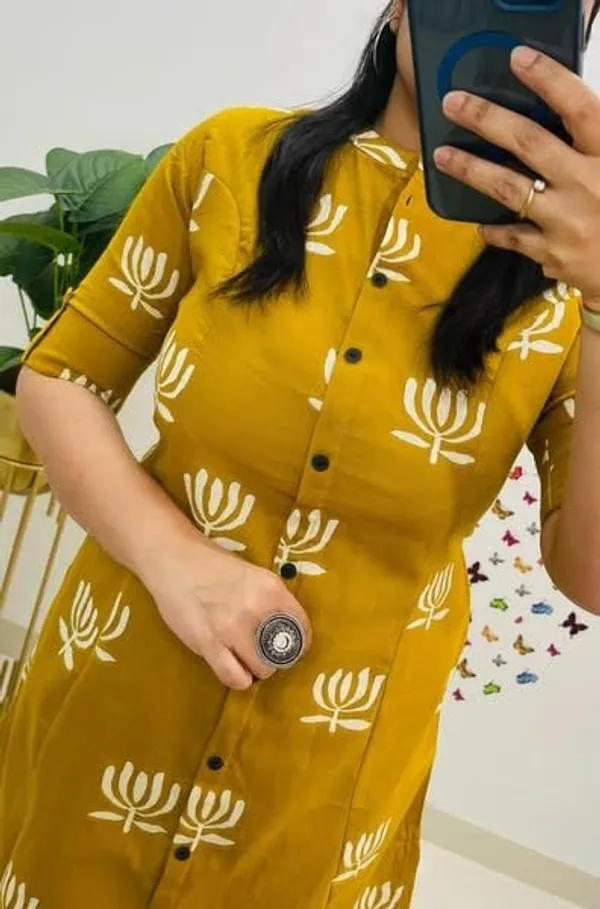 Mustard_Yellow_Cotton_Printed_A-Line_Kurti_With_Pant_Set_For_Women