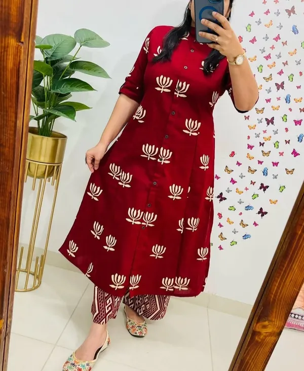 Maroon_Cotton_Printed_A-Line_Kurti_With_Pant_Set_For_Women