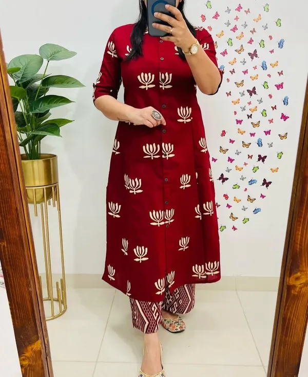 Maroon_Cotton_Printed_A-Line_Kurti_With_Pant_Set_For_Women