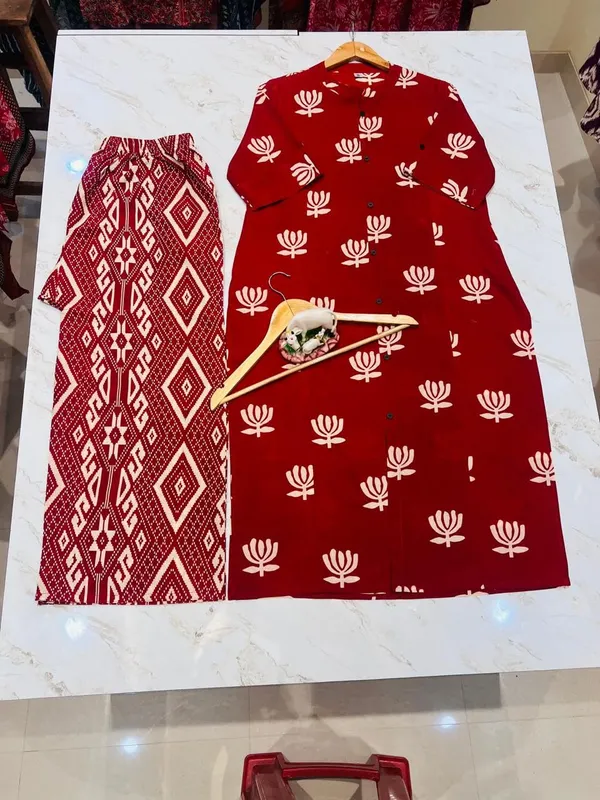 Maroon_Cotton_Printed_A-Line_Kurti_With_Pant_Set_For_Women