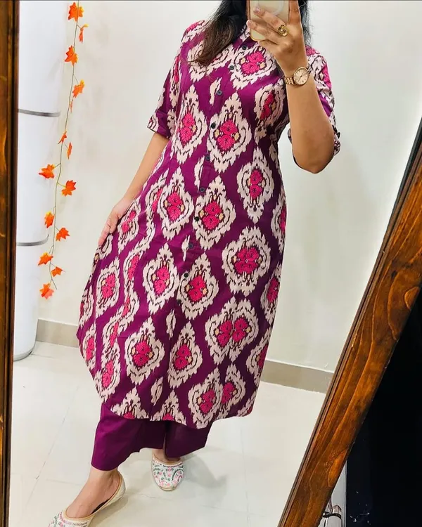 Pink_Rayon_Cotton_Printed_A-Line_Kurti_With_Bottom_Wear_For_Women