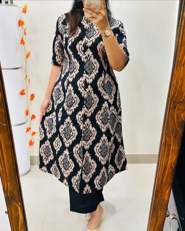 Black_Rayon_Cotton_Printed_A-Line_Kurti_With_Bottom_Wear_For_Women