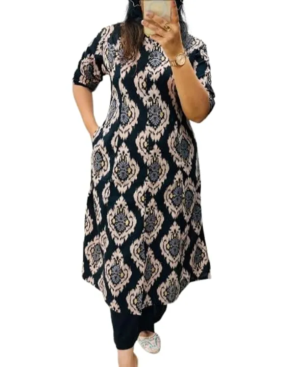 Black_Rayon_Cotton_Printed_A-Line_Kurti_With_Bottom_Wear_For_Women