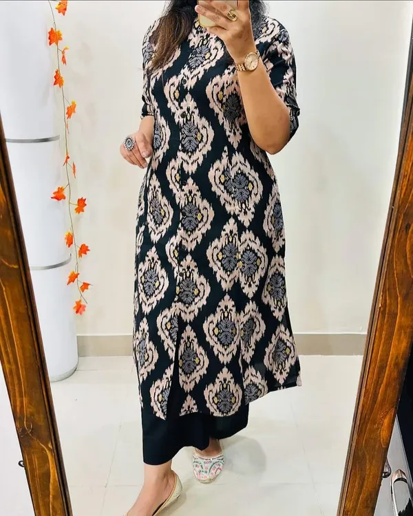 Black_Rayon_Cotton_Printed_A-Line_Kurti_With_Bottom_Wear_For_Women