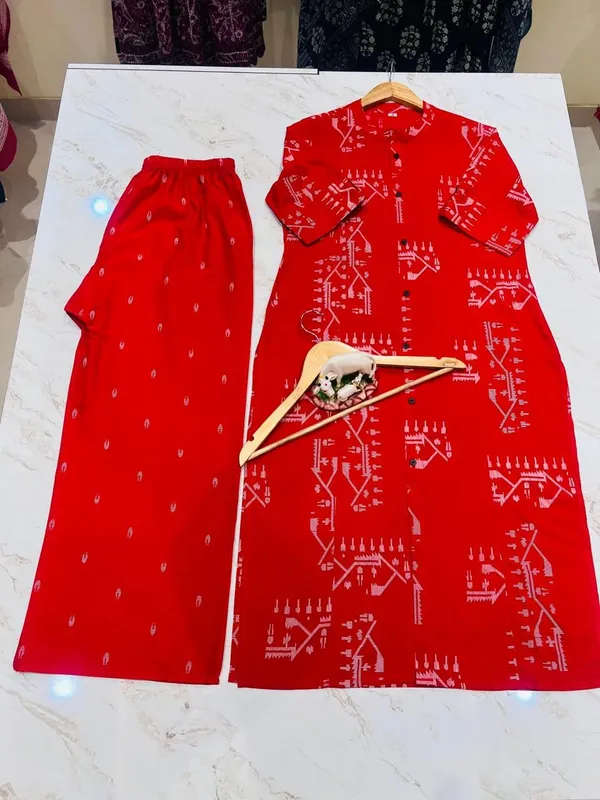 Red_Rayon_Cotton_Printed_A-Line_Kurti_With_Bottom_Wear_For_Women