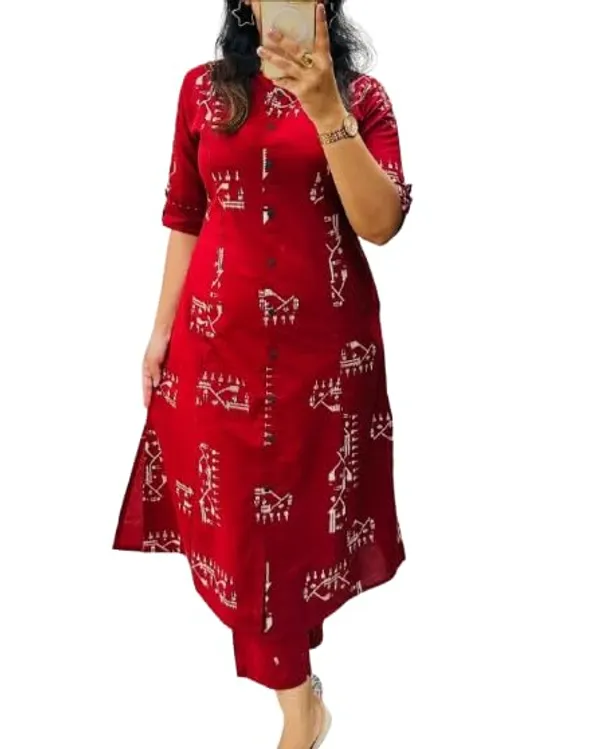 Red_Rayon_Cotton_Printed_A-Line_Kurti_With_Bottom_Wear_For_Women
