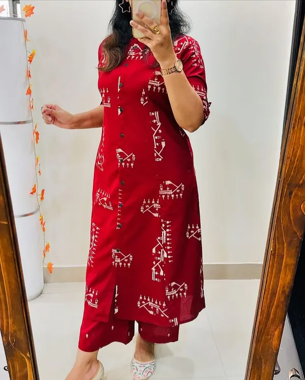 Red_Rayon_Cotton_Printed_A-Line_Kurti_With_Bottom_Wear_For_Women