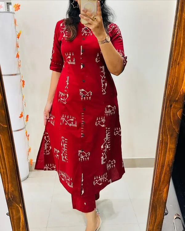 Red_Rayon_Cotton_Printed_A-Line_Kurti_With_Bottom_Wear_For_Women