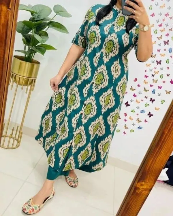 Skyblue_Rayon_Cotton_Printed_A-Line_Kurti_With_Bottom_Wear_For_Women