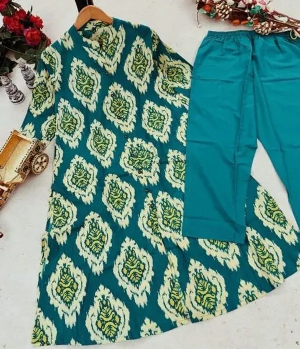 Skyblue_Rayon_Cotton_Printed_A-Line_Kurti_With_Bottom_Wear_For_Women