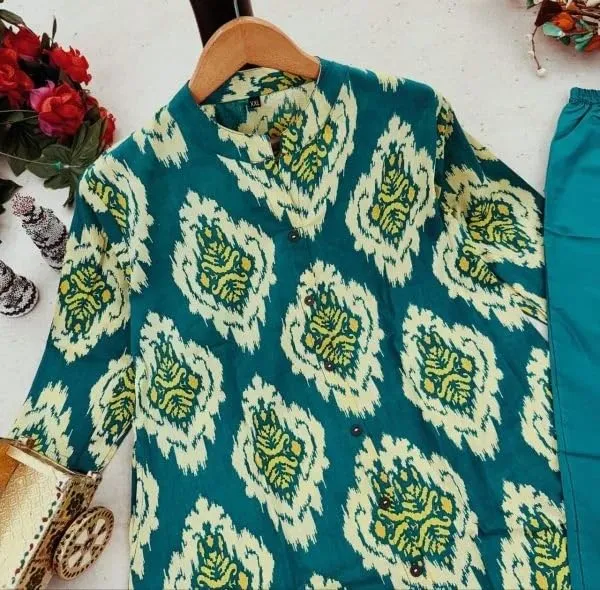 Skyblue_Rayon_Cotton_Printed_A-Line_Kurti_With_Bottom_Wear_For_Women