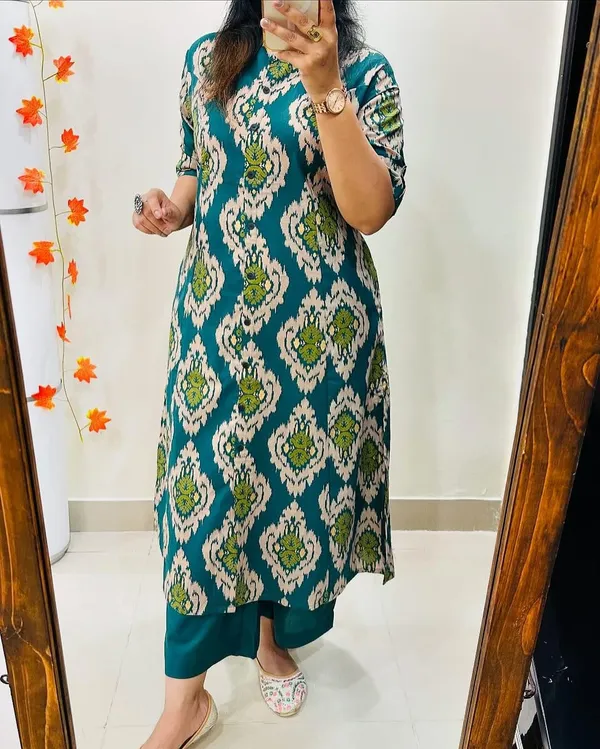 Skyblue_Rayon_Cotton_Printed_A-Line_Kurti_With_Bottom_Wear_For_Women