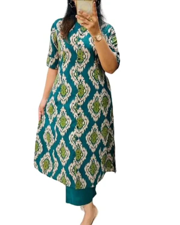 Skyblue_Rayon_Cotton_Printed_A-Line_Kurti_With_Bottom_Wear_For_Women