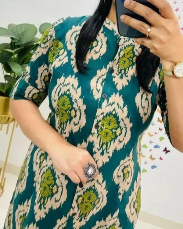 Skyblue_Rayon_Cotton_Printed_A-Line_Kurti_With_Bottom_Wear_For_Women