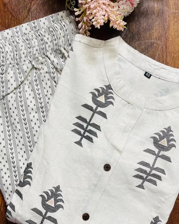 White_&_Grey_Premium_Floral_Cotton_Kurta_Palazzo_Co-Ord_Set_For_Women