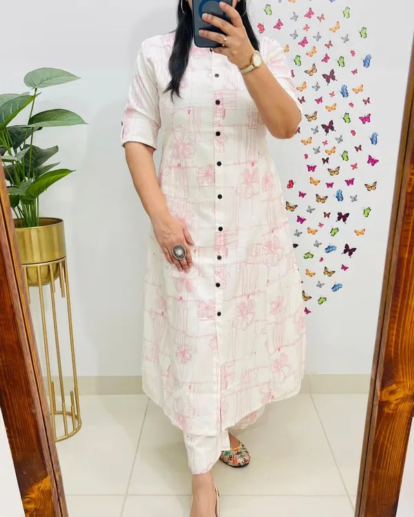 White_&_Pink_Floral_Printed_Cotton_Kurta_Palazzo_Co-Ord_Set_For_Women