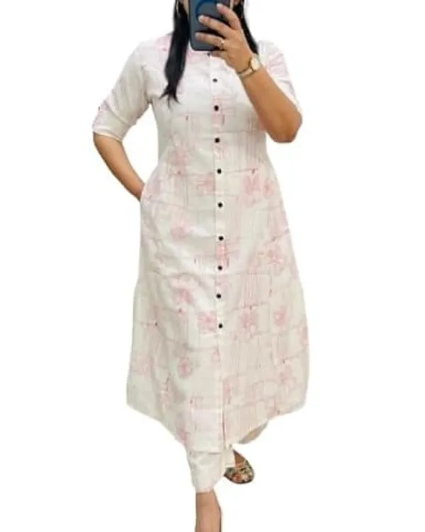 White_&_Pink_Floral_Printed_Cotton_Kurta_Palazzo_Co-Ord_Set_For_Women