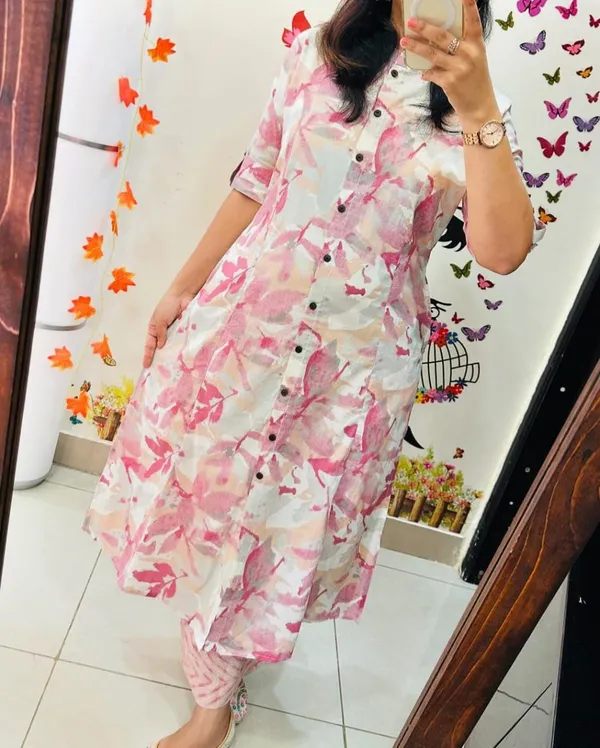 White_&_Pink_Floral_Cotton_Kurta_Palazzo_Co-Ord_Set_A-Line_Kurta_With_3/4Th_Sleeves_&_Matching_Pants_Summer_Ethnic_Wear_For_Women