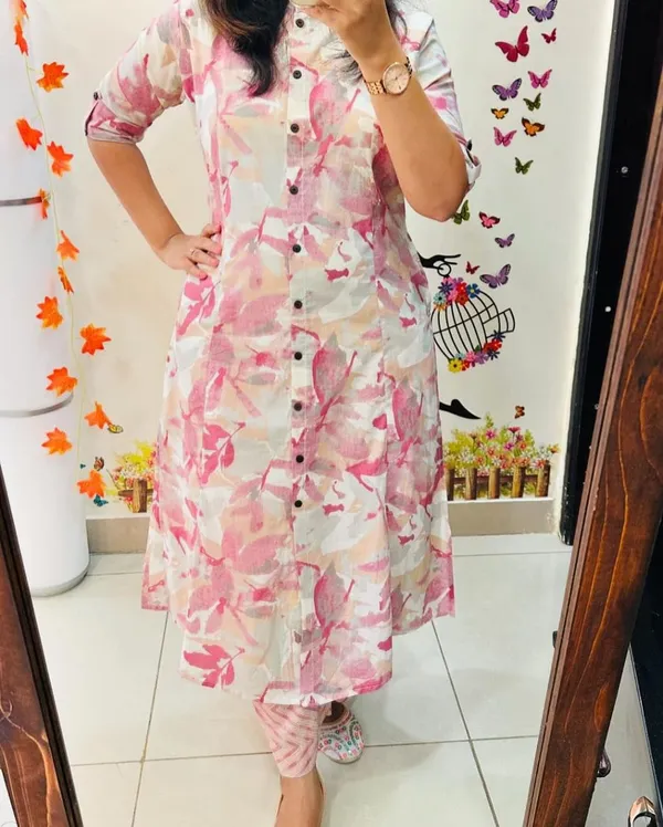 White_&_Pink_Floral_Cotton_Kurta_Palazzo_Co-Ord_Set_A-Line_Kurta_With_3/4Th_Sleeves_&_Matching_Pants_Summer_Ethnic_Wear_For_Women