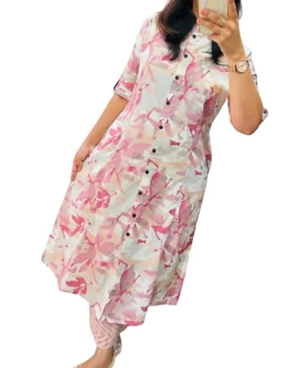 White_&_Pink_Floral_Cotton_Kurta_Palazzo_Co-Ord_Set_A-Line_Kurta_With_3/4Th_Sleeves_&_Matching_Pants_Summer_Ethnic_Wear_For_Women