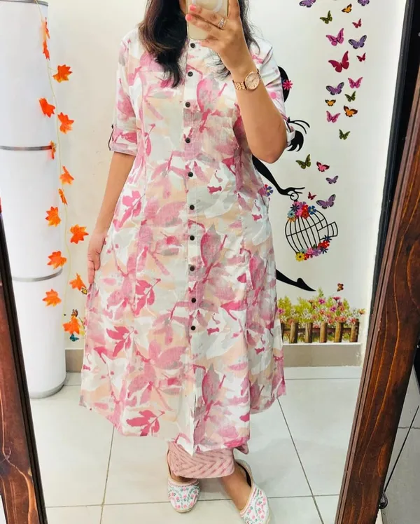 White_&_Pink_Floral_Cotton_Kurta_Palazzo_Co-Ord_Set_A-Line_Kurta_With_3/4Th_Sleeves_&_Matching_Pants_Summer_Ethnic_Wear_For_Women