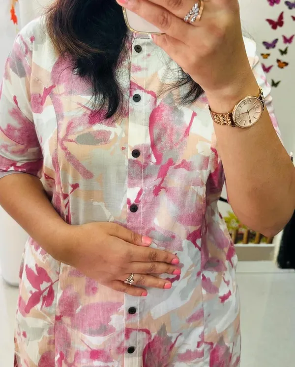 White_&_Pink_Floral_Cotton_Kurta_Palazzo_Co-Ord_Set_A-Line_Kurta_With_3/4Th_Sleeves_&_Matching_Pants_Summer_Ethnic_Wear_For_Women