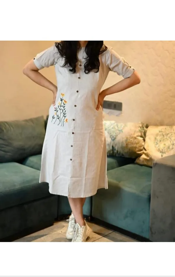 Beautiful_Embroidry_Work_Beige_Khadi_Cotton_Midi_Kurti