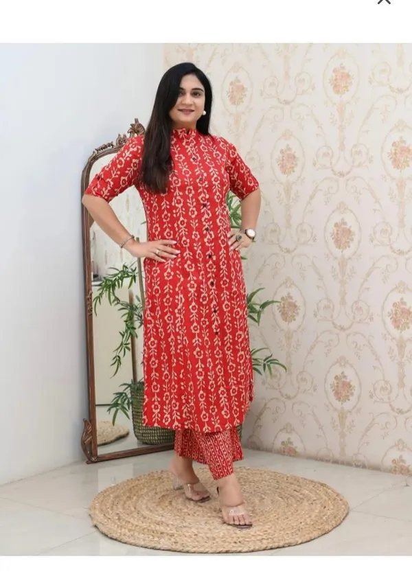Beautiful_Floral_Print_Red_Cotton_Kurti_Plazo_Set