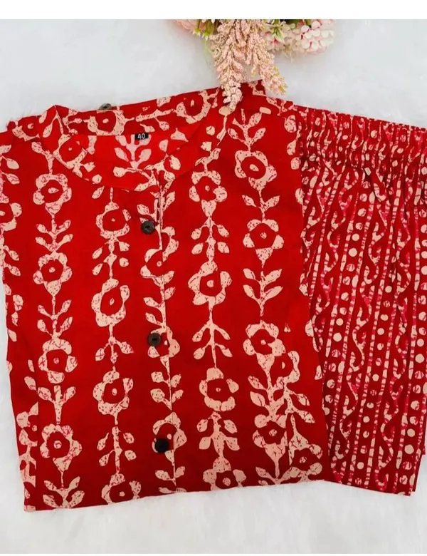 Beautiful_Floral_Print_Red_Cotton_Kurti_Plazo_Set