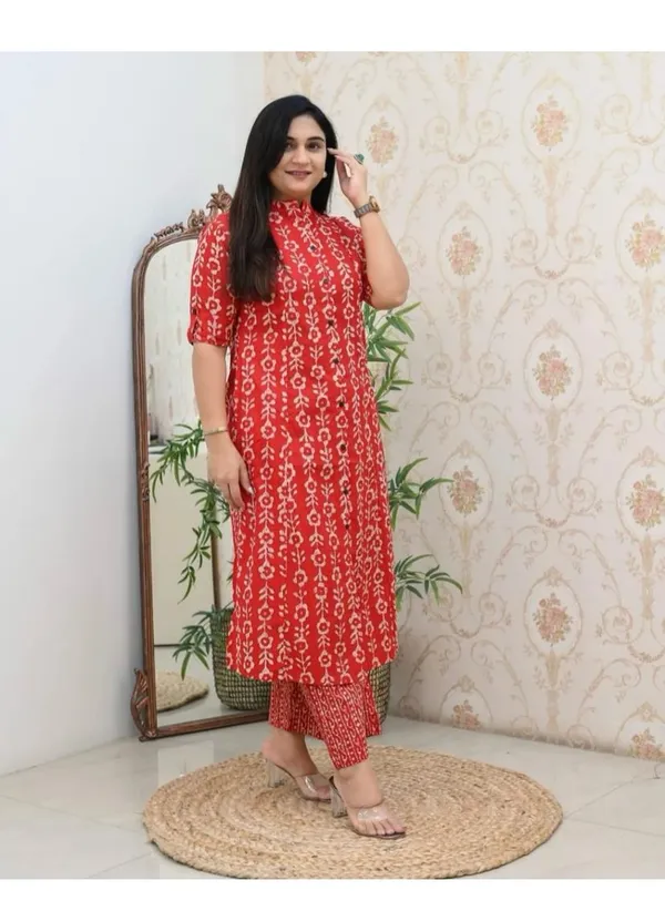 Beautiful_Floral_Print_Red_Cotton_Kurti_Plazo_Set