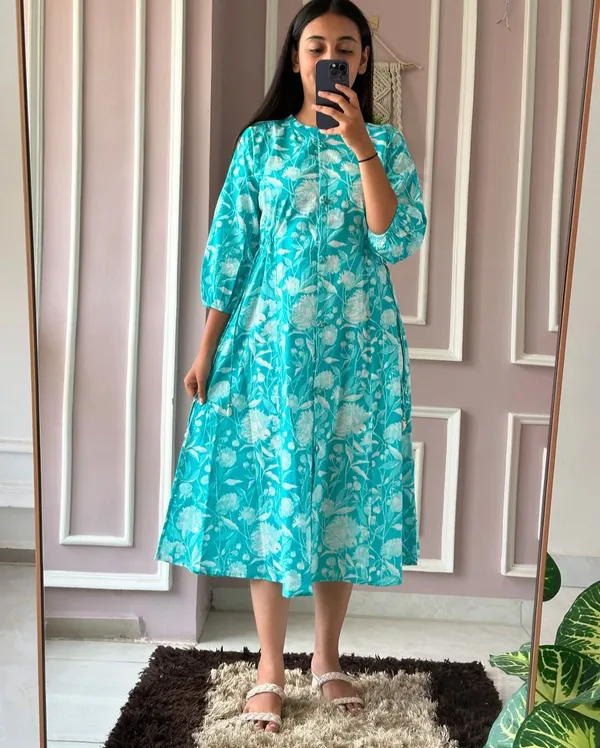 Beautiful_ikkat_print_Cotton_Full_Flair_Middy_Gown!!