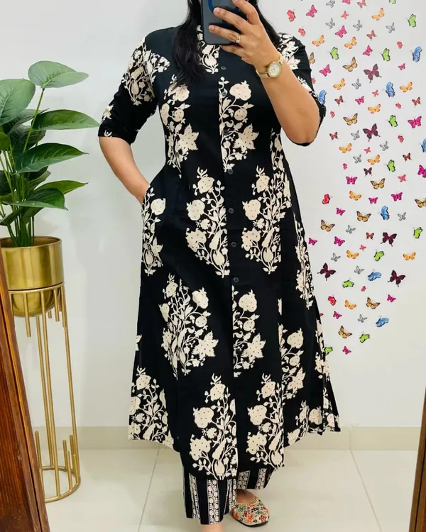 Black_Floral_Cotton_Kurta_Palazzo_Co-Ord_Set_A-Line_Kurta_With_3/4Th_Sleeves_&_Matching_Pants_Summer_Ethnic Wear For Women