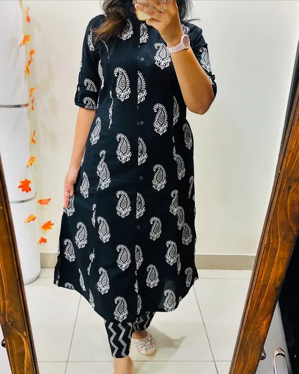 Black_Floral_Cotton_Kurta_Palazzo_Co-Ord_Set_A-Line_Kurta_With_3/4Th_Sleeves_&_Matching_Pants_Summer_Ethnic Wear For Women